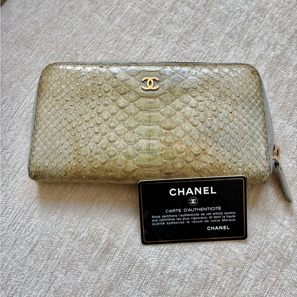 Authentic CHANEL multicolor python skin zip around long wallet